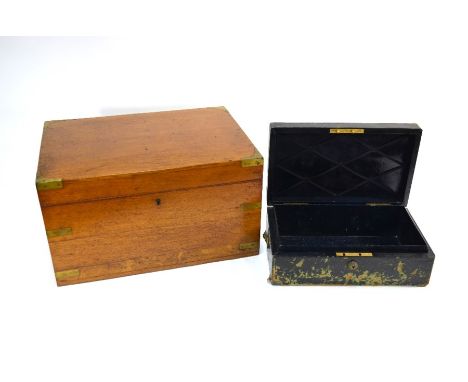 A Victorian brass-bound oak box with baize lining, 45 cm wide x 33 cm deep x 26 cm high to/w a blue morocco leather-bound cas