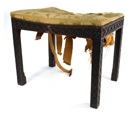 An 18th century Chippendale style blind-fret carved stool with fabric seat, 59 cm x 42.5 cm x 50 cm hframed damaged (fracture