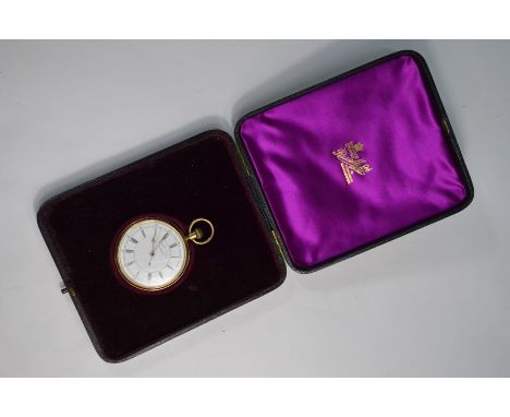 A late Victorian 18ct gold open faced pocket watch 'The Time O' Day' with top-wind movement by Russells Ltd., 'Makers to the 