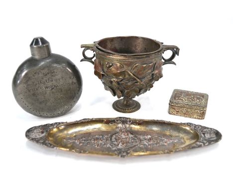 A 19th century pewter moon-flask, engraved '1845 (sic) Segt R. Court 47 Present at the Batle (sic) of Alma and the Seige of S