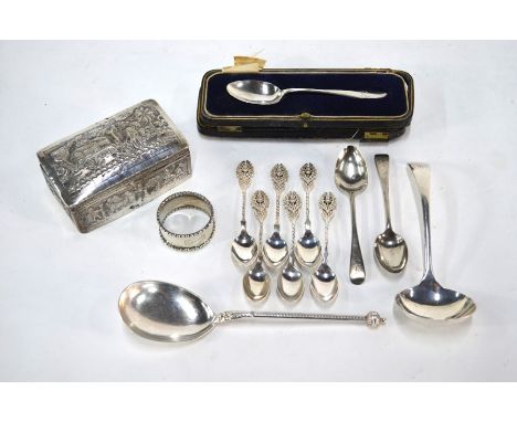 Various Victorian and later silver spoons and a napkin ring, 9.3 oz total, to/w a Burmese white metal trinket box, embossed a