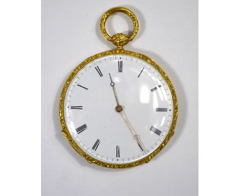 A 19th century Swiss unmarked gold pocket watch with ornately engraved and chased case and enamel dial, the key wind cylinder