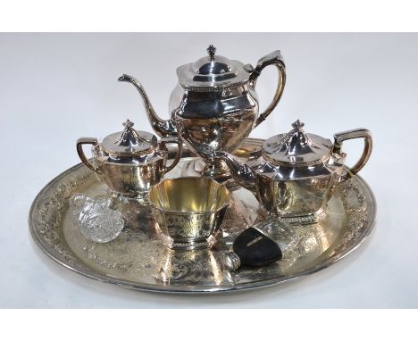 An epns four-piece tea/coffee service, to/w an oval tray, a hip-flask and an oil bottle with silver collar (lacks stopper)Ivo