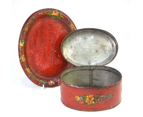 An oval Tole ware box and cover on stand, painted with flowers on a red ground, 22 cm wide to/w a Regency turned wood snuff b