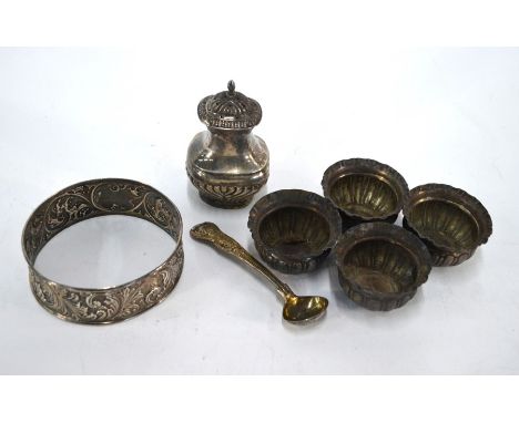 A set of four late Victorian reeded circular salts with crenellated rims, Samuel Hardy, London 1899, to/w a foliate-embossed 