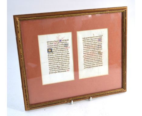 Two manuscript pages, in Latin with illuminated leading capitals, 14 x 9 cm, believed to be from a Book of Hours, mid 15th ce
