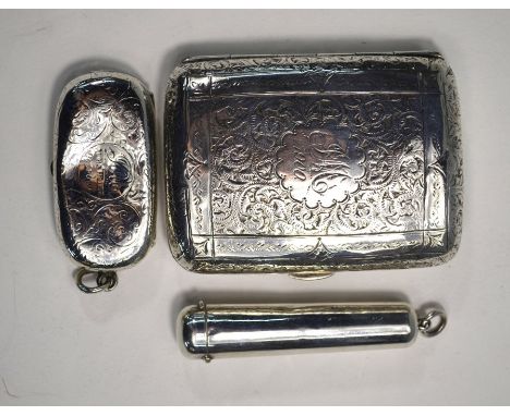 A late Victorian foliate engraved silver cigarette case, Birmingham 1897, to/w a somewhat similar double sovereign case (a/f)