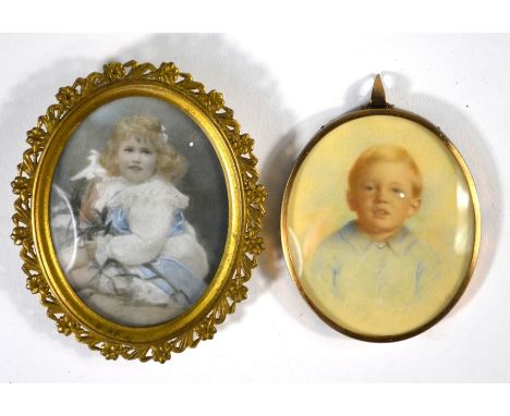 An oval portrait miniature of a young girl, in foliate-pierced gilt metal frame (circa 1900-1920) to/w another of a young boy