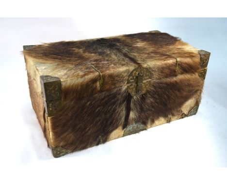 A 19th century Mongolian pony-skin pine trunk with fret-cut metal mounts, 77 cm wide x 42.5 cm deep x 35 cm high