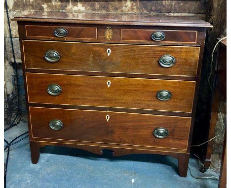 A Victorian satinwood edged mahogany chest of two short shallow drawers over three long graduated drawers, on shaped bracket 