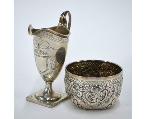 A late Victorian silver helmet cream jug in the Adam manner with wriggle-work and bright-cut decoration, on square foot, D. &