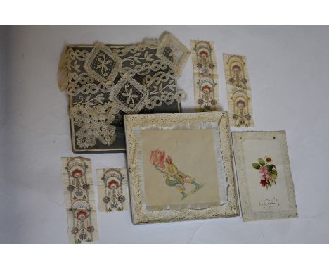 A small collection of antique tape lace pieces, four 1900s Art Nouveau embroidered ivory silk pieces, a flower fairy painted 