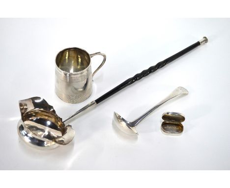 A George III small silver mug of tapering form with reeded banding, Thomas James, London 1810, 6cm high, t/w a small ladle, J