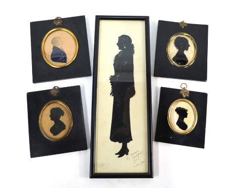 A Regency watercolour miniature profile portrait of a gentleman to/w an ink silhouette of a lady, two other reverse-painted u