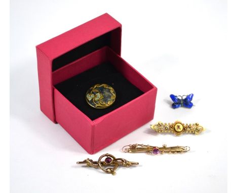 Three Victorian bar brooches including 9ct yellow gold with ball and scroll decoration set pink stone, 9ct yellow gold garnet