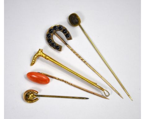 A Victorian gilt metal stick-pin, mounted with an ancient Egyptian Scarab seal (possibly stone or pottery) to/w another stick