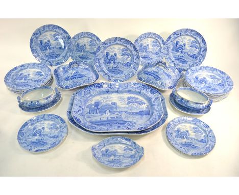 Early 19th century Spode pearlware dinner wares, blue transfer printed with the 'Italian' pattern, impressed 'SPODE' to base,