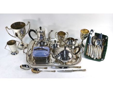 Three silver trophy cups (a/f), 11.7 oz total, to/w a larger electroplated trophy cup, an epns five-piece tea/coffee service,