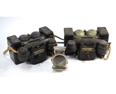 Two World War II vintage GEC telephone sets F MKII to/w a Lucas 'Silver King' bicycle lamp (3)