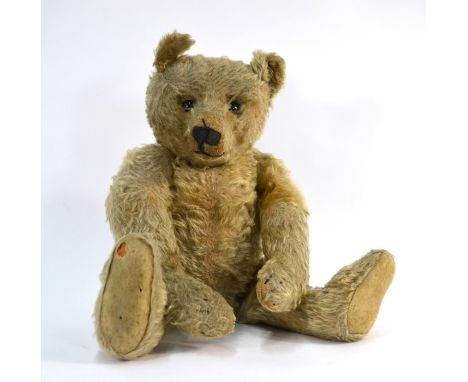 An early 20th Century Steiff (probably) teddy bear in pale yellow mohair, with glass eyes, long stitched nose, revolving head