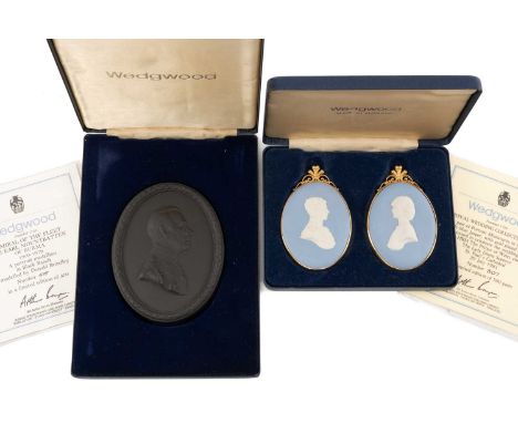 THREE LIMITED EDITION WEDGWOOD PORTRAIT MINIATURE PLAQUES, comprising pair blue jasper 1981 Royal Wedding miniatures - The Pr