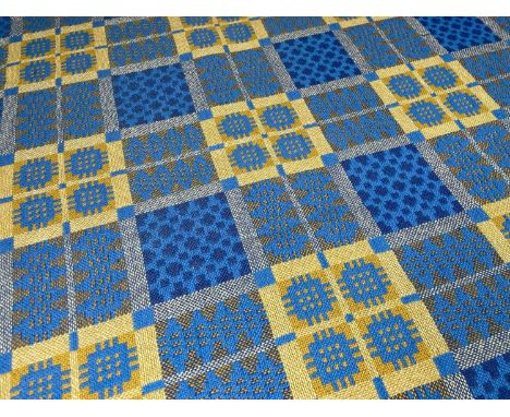 LARGE WELSH WOOLEN TAPESTRY BLANKET / CARTHEN, in blue and yellow colourway, fringe, 240 x 233cmsProvenance: deceased estate 