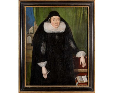 EARLY 17TH C. ANGLO-DUTCH SCHOOL, oil on panel - portrait of a lady, wearing lace ruff and cuffs in embroidered black gown, b