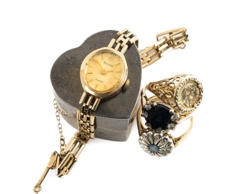THREE RINGS & LADIES WRISTWATCH, comprising yellow metal sapphire & cz ring 3.9g, 9ct sapphire and diamond halo ring 3.6g, 9c
