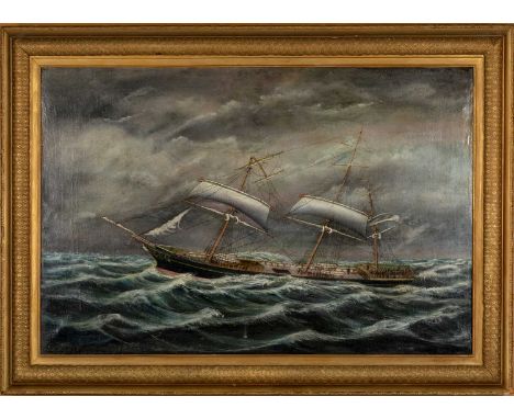EARLY 20TH C. SCHOOL oil on canvas – ship portrait of Scottish Chieftain, in full sail under dark skies and in rough seas, 60