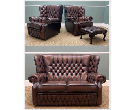 MODERN SAXON OF LANCASHIRE THREE-PIECE LEATHER SOFA SUITE, the 'antique chestnut' 'Canterbury' model range, comprising two ar