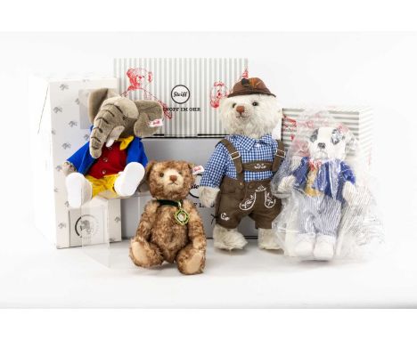 FOUR MODERN STEIFF LIMITED EDITION TEDDY BEARS, comprising 'Happy' wearing a locket containing an original 1926 US one dime c