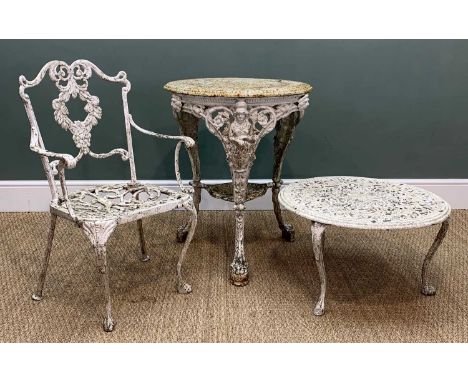 ASSORTED GARDEN FURNITURE comprising, cast iron Britannia table with associated top, aluminium circular low table and armchai