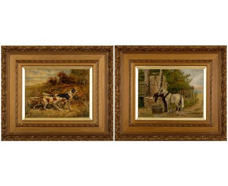 A. JULES oil on board – draught ponies watering, and pair of hunting dogs, one signed, 29 x 40cms (2)Provenance: consigned fr