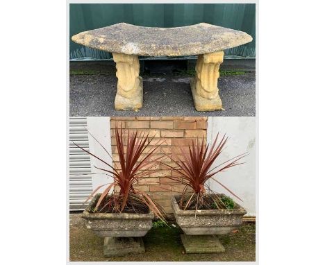 SELECTION OF COMPOSITION STONE GARDEN FURNITURE comprising, three piece crescent shaped bench, 46 (h) x 107cms (w) with two s