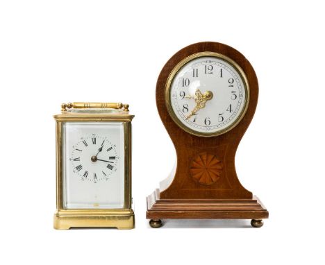 TWO ANTIQUE CLOCKS, comprising good brass carriage clock, 7.5cms (h) (including handle) and Edwardian balloon mantel clock, 2