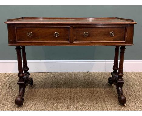 MID-VICTORIAN MAHOGANY WRITING/DRESSING TABLE, low three-quarter gallery top above two frieze drawers, raised on double colum