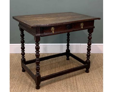 17TH C. OAK SIDE TABLE having cleated top above long lap-jointed 'hung' frieze drawer, grooved sides, nailed bottom boards (p