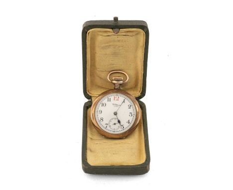 9CT GOLD WALTHAM FOB WATCH, white Arabic dial with subsid. secs. dial, signed dial and movement, Dennison case, 33.6g, 35mm d