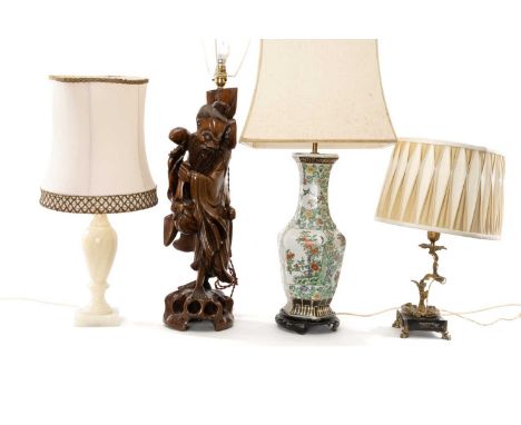 FOUR TABLE LAMPS, incl. Chinese hardwood Shulao lamp, 60cms (h) (excluding light fitting), with square tapering silk shade, t