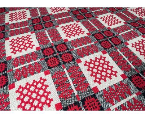 WELSH WOOLEN TAPESTRY BLANKET / CARTHEN, in red colourway, fringe, 230 x208cmsProvenance: deceased estate CarmarthenshireComm