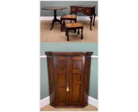 FIVE ANTIQUE OAK FURNITURE ITEMS comprising, 18th C. mahogany crossbanded lowboy, mahogany crossbanded hanging corner cupboar