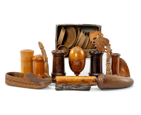 ASSORTED TREEN, including miniature 'toy' dishes and goblet, 2 pounce pots, carved box in the shape of a snuff mull, three we