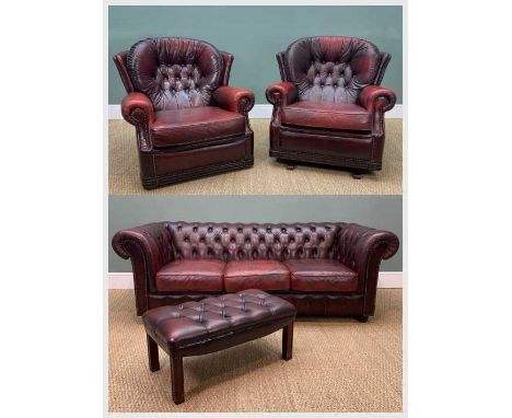 'PENDRAGON' CHESTERFIELD SUITE BY CHRISTIE-TYLER, comprising three seater sofa, turned bun feet, 70 (h) x198 (w) x 85cms (d),