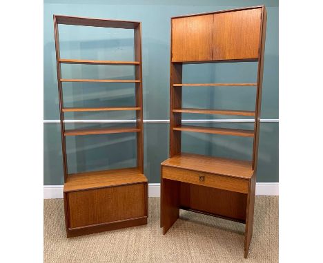 TWO MID-CENTURY G-PLAN FORM 5 WALL UNITS, one with writing desk base, frieze drawer, one fixed shelf and two adjustable, uppe