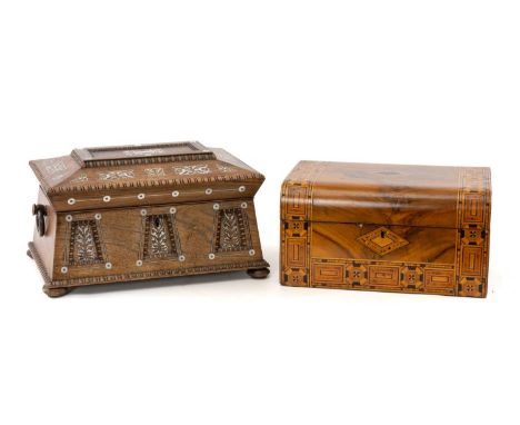 TWO 19TH C. WORK BOXES, comprising William IV mother of pearl inlaid work box, with ring handles, mandarin yellow paper lined