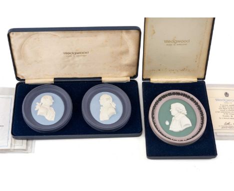 THREE WEDGWOOD LIMITED EDITION PORTRAIT MINIATURES, comprising three-colour jasper 225th anniversary plaque - Josiah Wedgwood