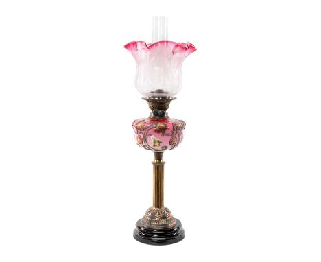 ART NOUVEAU CRANBERRY, COPPER & POTTERY OIL LAMP, 63.5cms (h) to top of shadeProvenance: private collection Rhondda Cynon Taf