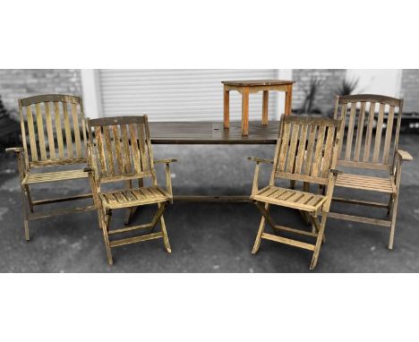 TEAK GARDEN FURNITURE comprising, large rectangular table, 72 (h) x 167 (w) x 90cms (d), small low table, four folding armcha