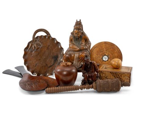 ASSORTED EAST ASIAN CARVED WOOD including Tibetan prayer wheel, Chinese geomancer's compass, Japanese parquetry puzzle box, p