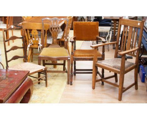 A collection of four various chairs, comprising an oak Arts and Crafts open armchair, a 1920s open armchair, a Chippendale st